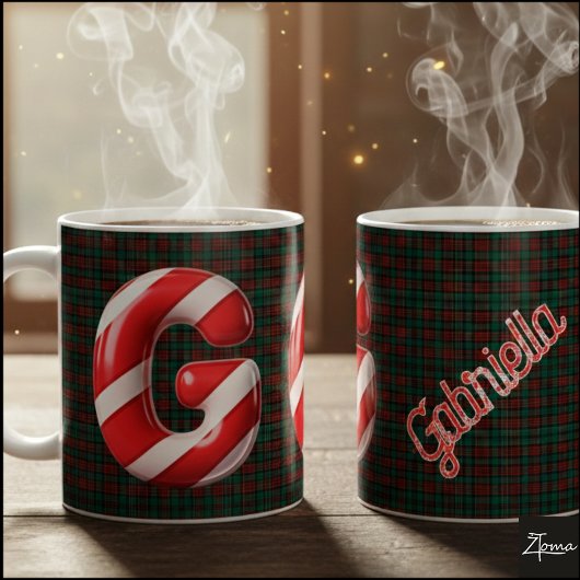 光沢のあるキャンディケーンストライプのクリスマス文字G コーヒーマグカップ
