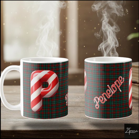 光沢のあるキャンディケーンストライプのクリスマス文字P コーヒーマグカップ