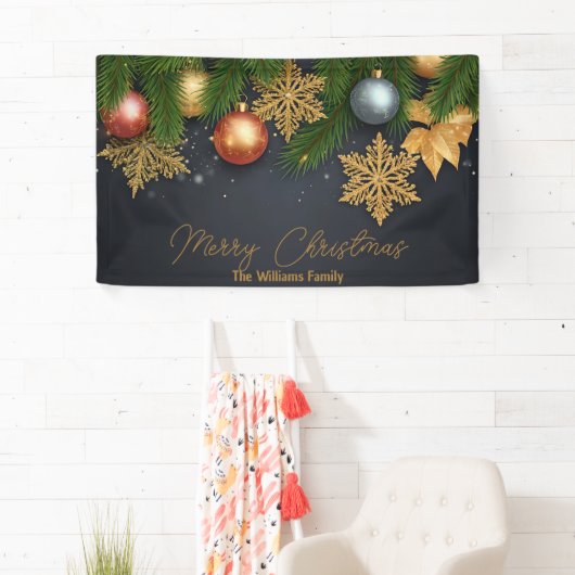 光沢のあるクリスマスオーナメントと松の枝 横断幕 (インサイチュ)