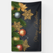 光沢のあるクリスマスオーナメントと松の枝 横断幕 (縦)