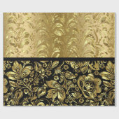 光沢のあるゴールドとブラックダマスク ラッピングペーパー (フラット)