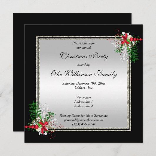 光沢のあるシルバーとブラック、コーナー装飾クリスマス 招待状 (正面/裏面)