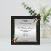 光沢のあるシルバーとブラック、コーナー装飾クリスマス 招待状 (スタンド正面)