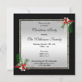 光沢のあるシルバーとブラック、コーナー装飾クリスマス 招待状 (正面)