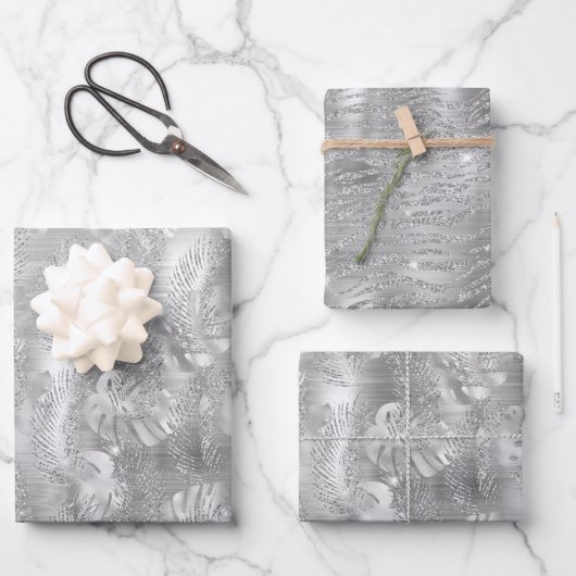 光沢のあるシルバーグラムアニマルプリント ラッピングペーパーシート (正面)