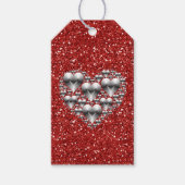 光沢のあるシルバーハート赤フェイクグリッター ギフトタグ (正面)