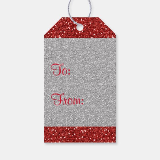 光沢のあるシルバーハート赤フェイクグリッター ギフトタグ (裏面)