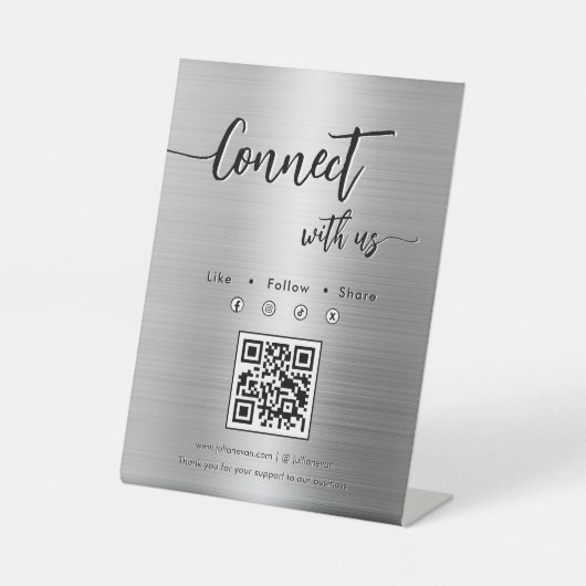 光沢のあるシルバーメタルソーシャルメディ独身のアQRコード 台座サイン (正面)