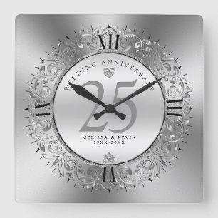 光沢のあるシルブの渦巻き円枠結婚25th スクエア壁時計