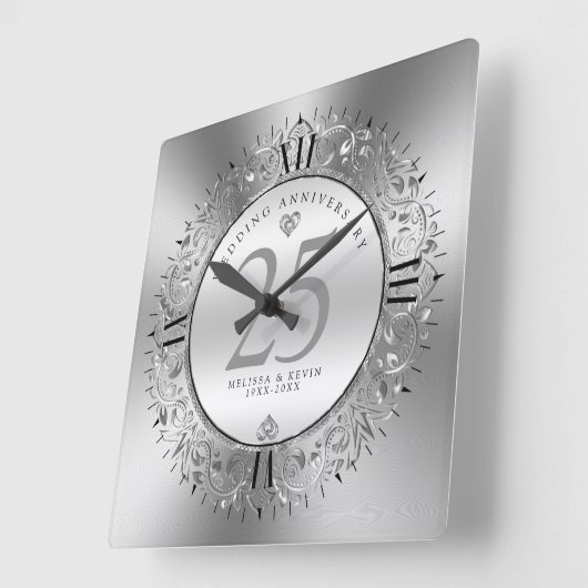光沢のあるシルブの渦巻き円枠結婚25th スクエア壁時計 (傾斜)