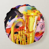 光沢のあるチューバ斜め遠近法ブラスバンド ラウンドクッション (裏面)