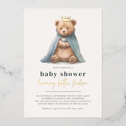 光沢のあるテディ王室のベア王子の男の子の赤ちゃんシャワー 箔招待状 (正面)