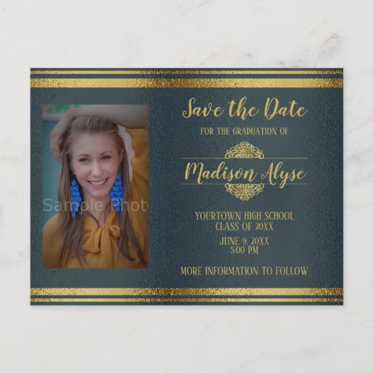 光沢のあるネイビーブルーと金ゴールド写真卒業 ポストカード (正面)