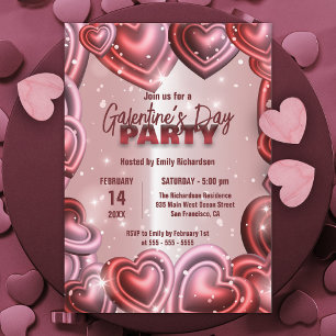 光沢のあるハートとSparkles Galentine's Dayパーティー 招待状