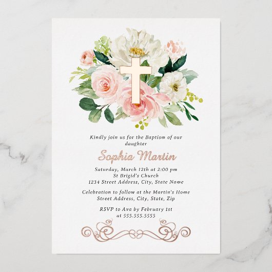 光沢のあるバラ金ゴールドクロスフローラガールピンクバプテスマ 箔招待状 (正面)