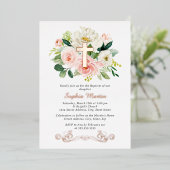 光沢のあるバラ金ゴールドクロスフローラガールピンクバプテスマ 箔招待状 (立ち正面)