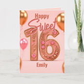 光沢のあるバルーングリッターピンクと金ゴールド甘い16 カード (正面)