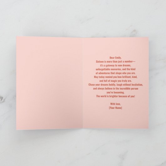 光沢のあるバルーングリッターピンクと金ゴールド甘い16 カード (内部)