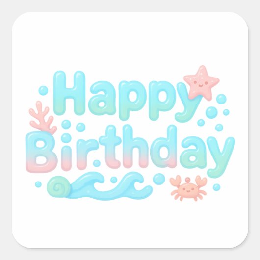 光沢のあるパステルカラーの誕生日おめでとう スクエアシール (正面)