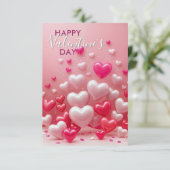 光沢のあるピンクと赤いハートバルーンバレンタインデー カード (スタンド正面)