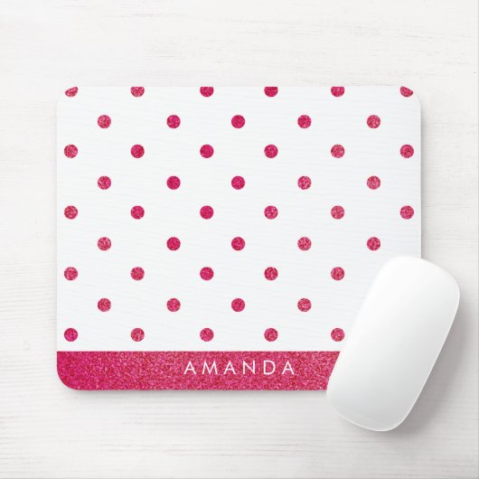 光沢のあるピンクの水玉模様名をカスタマイズ マウスパッド (マウス)