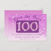 光沢のあるピンクグリッター(100誕生日) セーブザデート (正面/裏面)
