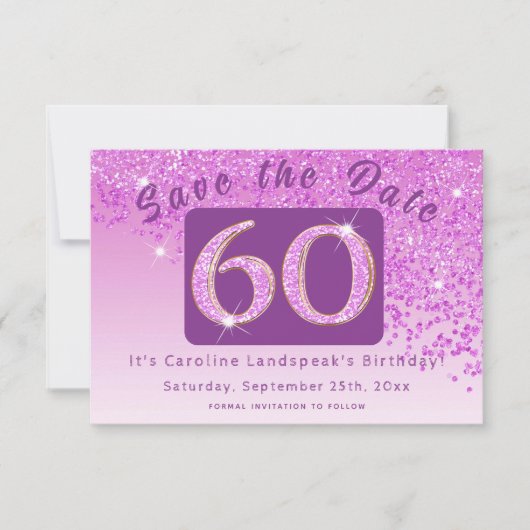 光沢のあるピンクグリッター(60誕生日) セーブザデート (正面)