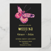 光沢のあるピンク色の蝶 箔招待状 (正面)