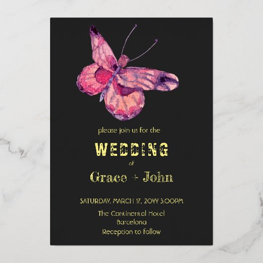 光沢のあるピンク色の蝶 箔招待状 (正面)