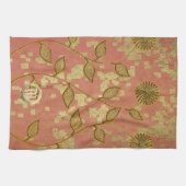 光沢のあるフローラモノグラムのピンク キッチンタオル (横)