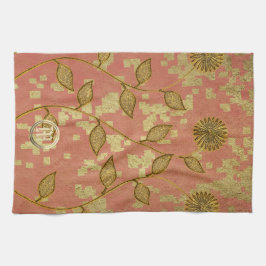 光沢のあるフローラモノグラムのピンク キッチンタオル