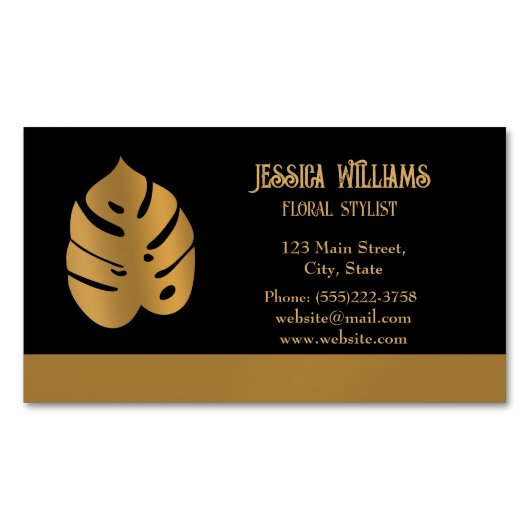 光沢のあるブロンズの花モンステラ葉の黒色の マグネット名刺 (正面)