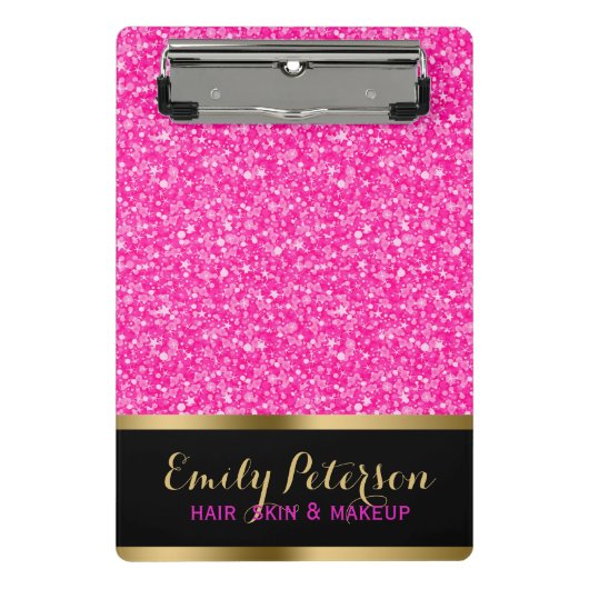 光沢のあるホットピンクと白のグリッター ミニクリップボード (正面)