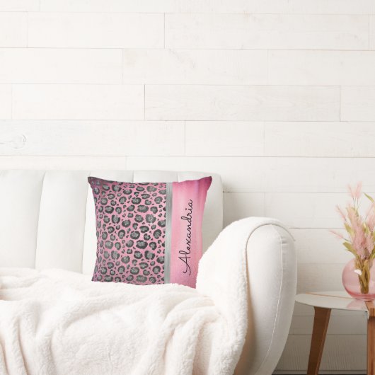 光沢のあるホットピンクにピカピカのヒョウ柄    クッション (ソファ)