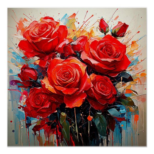 光沢のあるポスター – 赤いバラのアートワーク ポスター (正面)