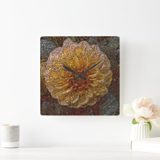 光沢のあるメタライザー黄色の花ガラスの壁時計 スクエア壁時計 (ホーム)