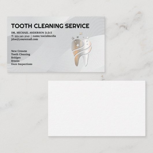 光沢のあるメタリックな歯のロゴ | 歯科 名刺 (正面/裏面)
