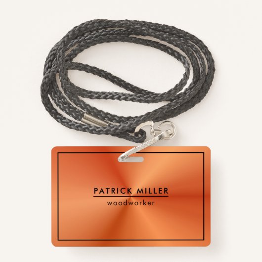 光沢のあるメタリックオレンジ色のテクスチャ黒のアクセント バッジ (裏面ランヤード)