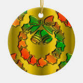光沢のあるメタリックゴールデンクリスマスリース セラミックオーナメント (正面)