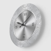 光沢のあるメタリックシルバーおよびヴィンテージペイズリー ラージ壁時計 (傾斜)