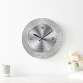 光沢のあるメタリックシルバーおよびヴィンテージペイズリー ラージ壁時計 (ホーム)