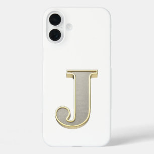 光沢のあるメタリックシルバーの文字J iPhone 16 PLUSケース