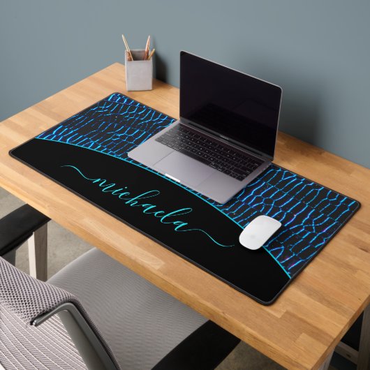 光沢のあるメタリックネオンブルー抽象芸術名前をカスタムする デスクマット (オフィス2)