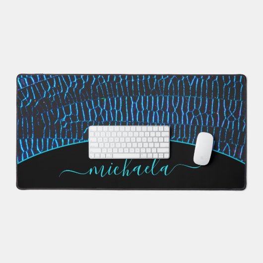 光沢のあるメタリックネオンブルー抽象芸術名前をカスタムする デスクマット (キーボード&マウス)