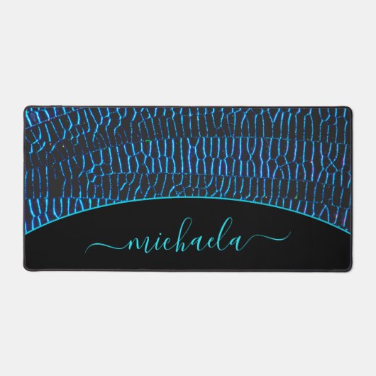 光沢のあるメタリックネオンブルー抽象芸術名前をカスタムする デスクマット (正面)