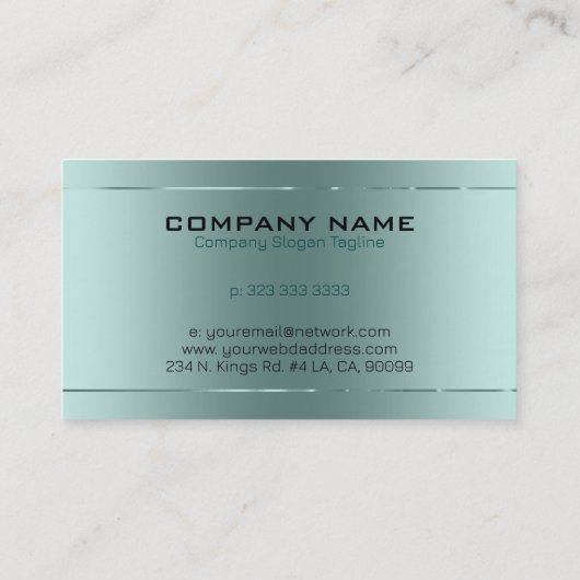 光沢のあるメタリックブルーグリーンのイメストライプージ 名刺 (裏面)
