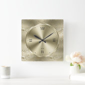 光沢のあるメタリックペイル金ゴールドとヴィンテージペイズリー スクエア壁時計 (ホーム)