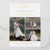 光沢のあるモノグラムQRコード3 Photo Collage 結婚's 箔招待状 (正面)