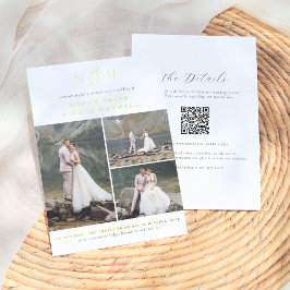 光沢のあるモノグラムQRコード3 Photo Collage 結婚's 箔招待状