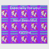 光沢のあるラッピング紙、ユニコーンブルーハート紫 ラッピングペーパー (フラット)